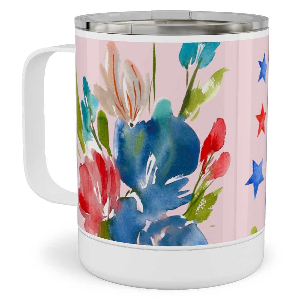 4th of July Florals - Pink Stainless Steel Mug, 10oz, Pink, Bright Pink