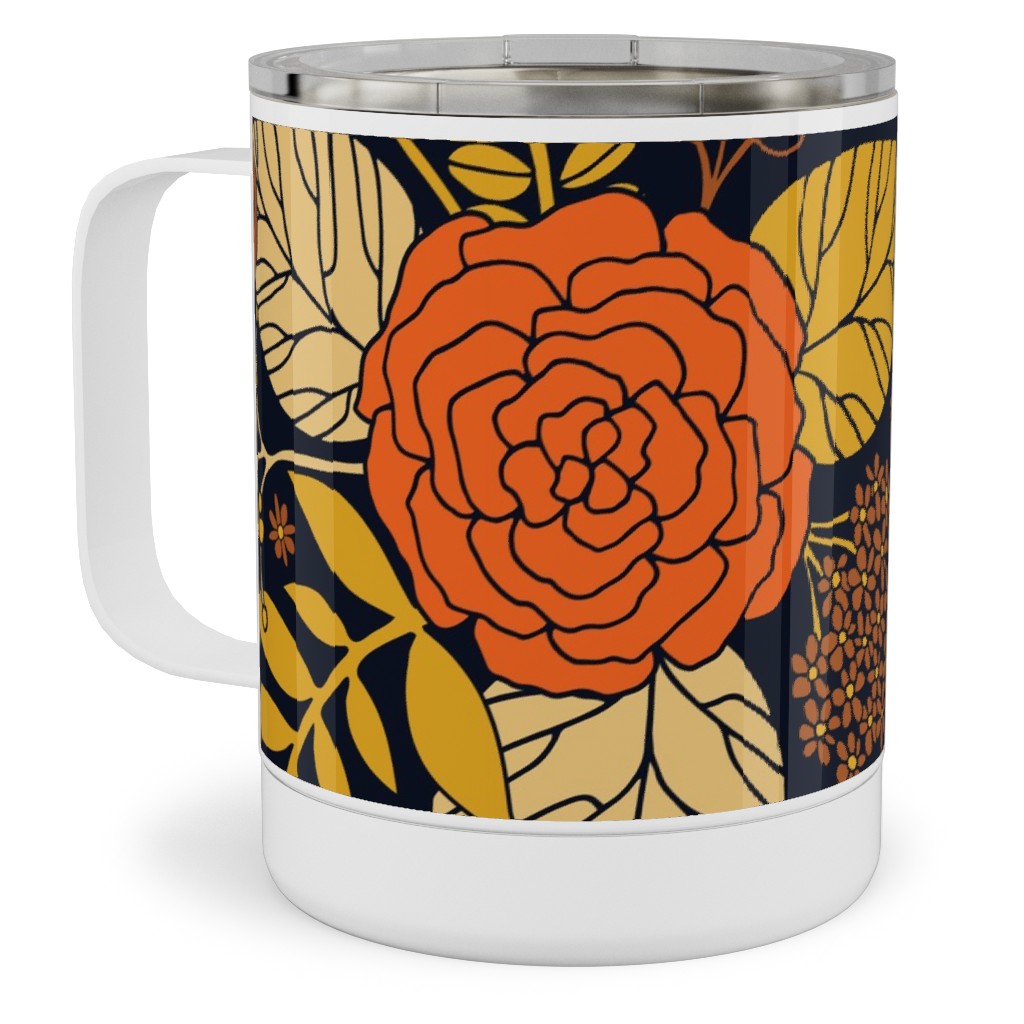 Retro Floral - Orange Brown and Yellow Stainless Steel Mug, 10oz, Orange