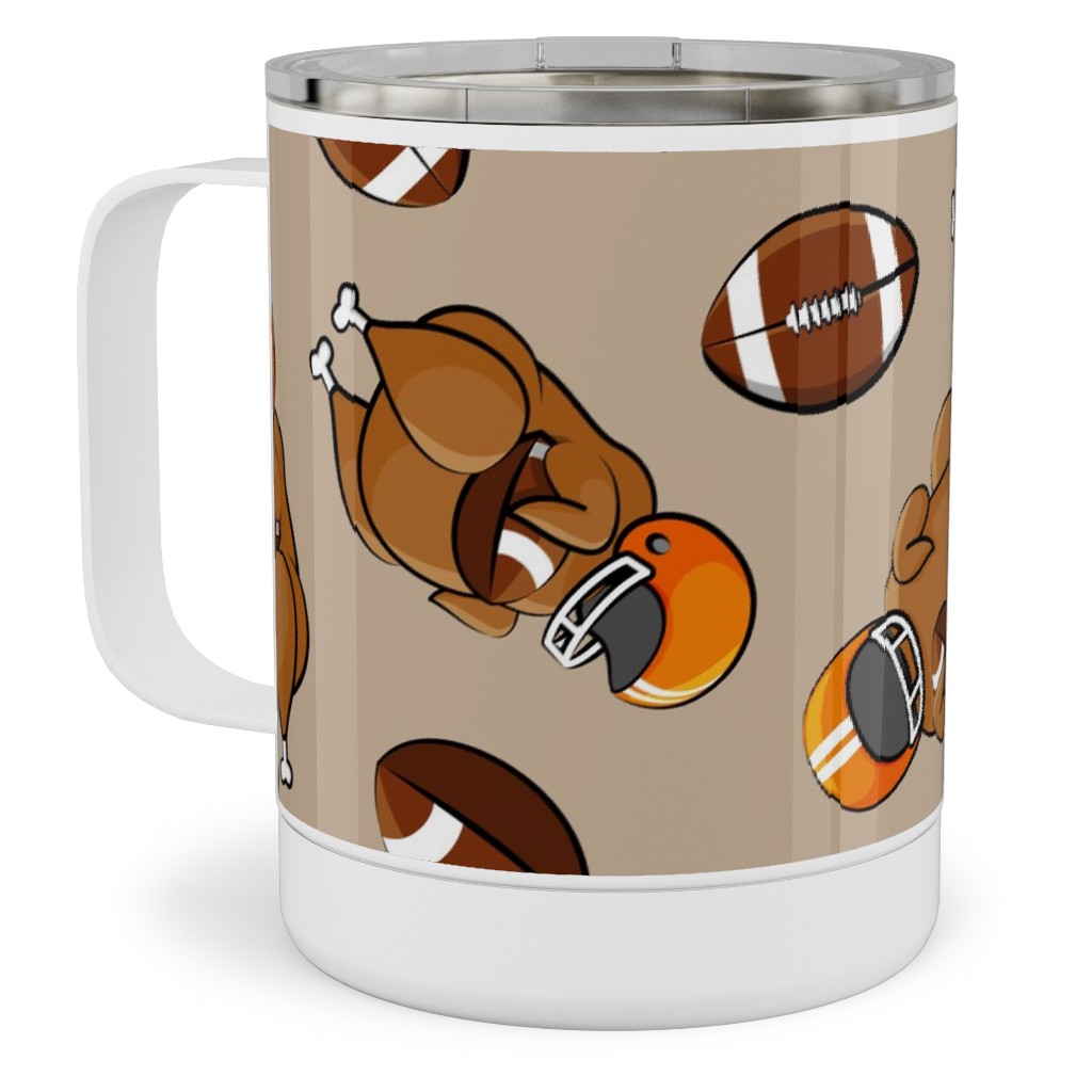 Football Turkey With Helmet and Football - Orange on Tan Stainless Steel Mug, 10oz, Beige