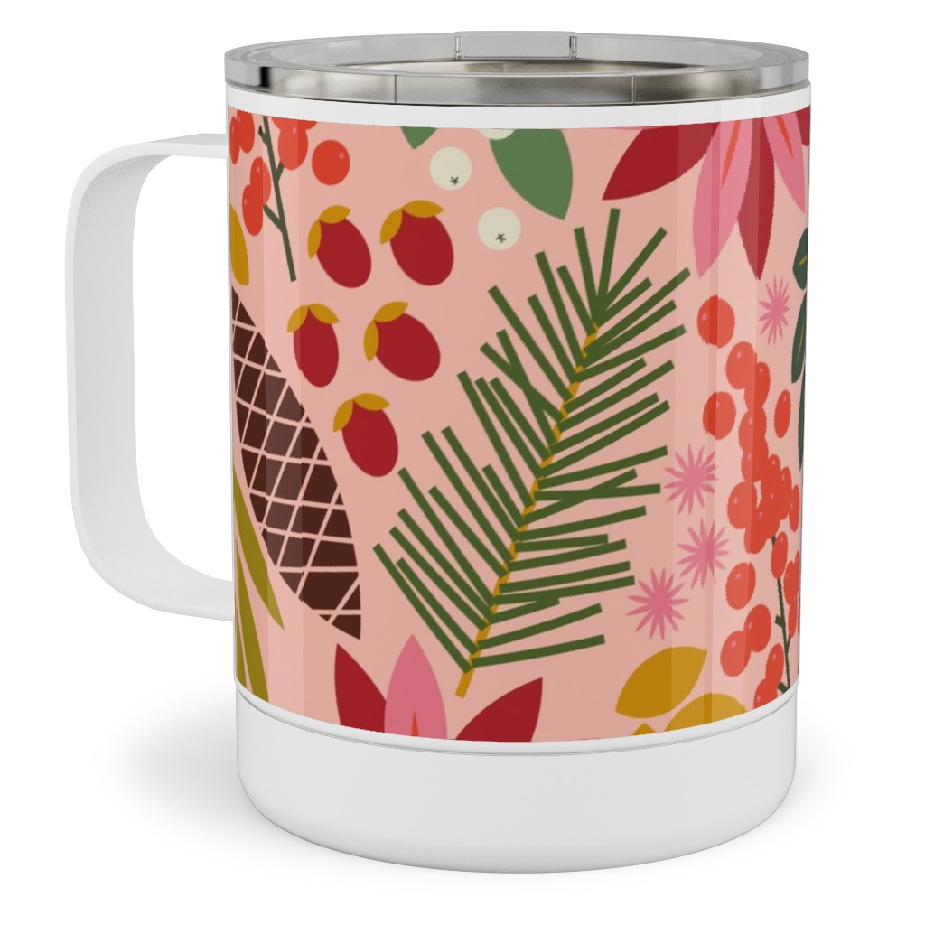 Pinecones and Berries - Pink Stainless Steel Mug, 10oz, Pink, Bright Pink