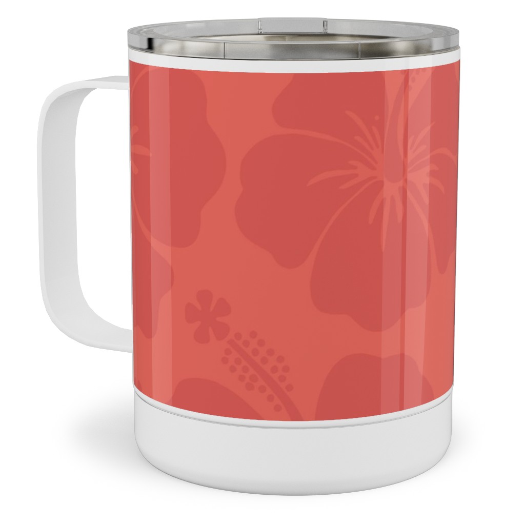 Hibiscus Florals - Coral and Red Stainless Steel Mug, 10oz, Pink, Bright Pink