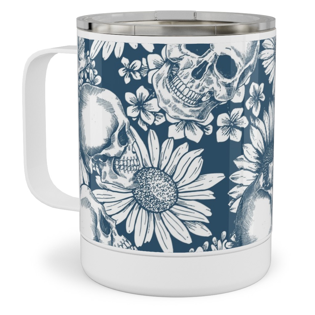 Floral Skull - Blue Stainless Steel Mug, 10oz, Blue