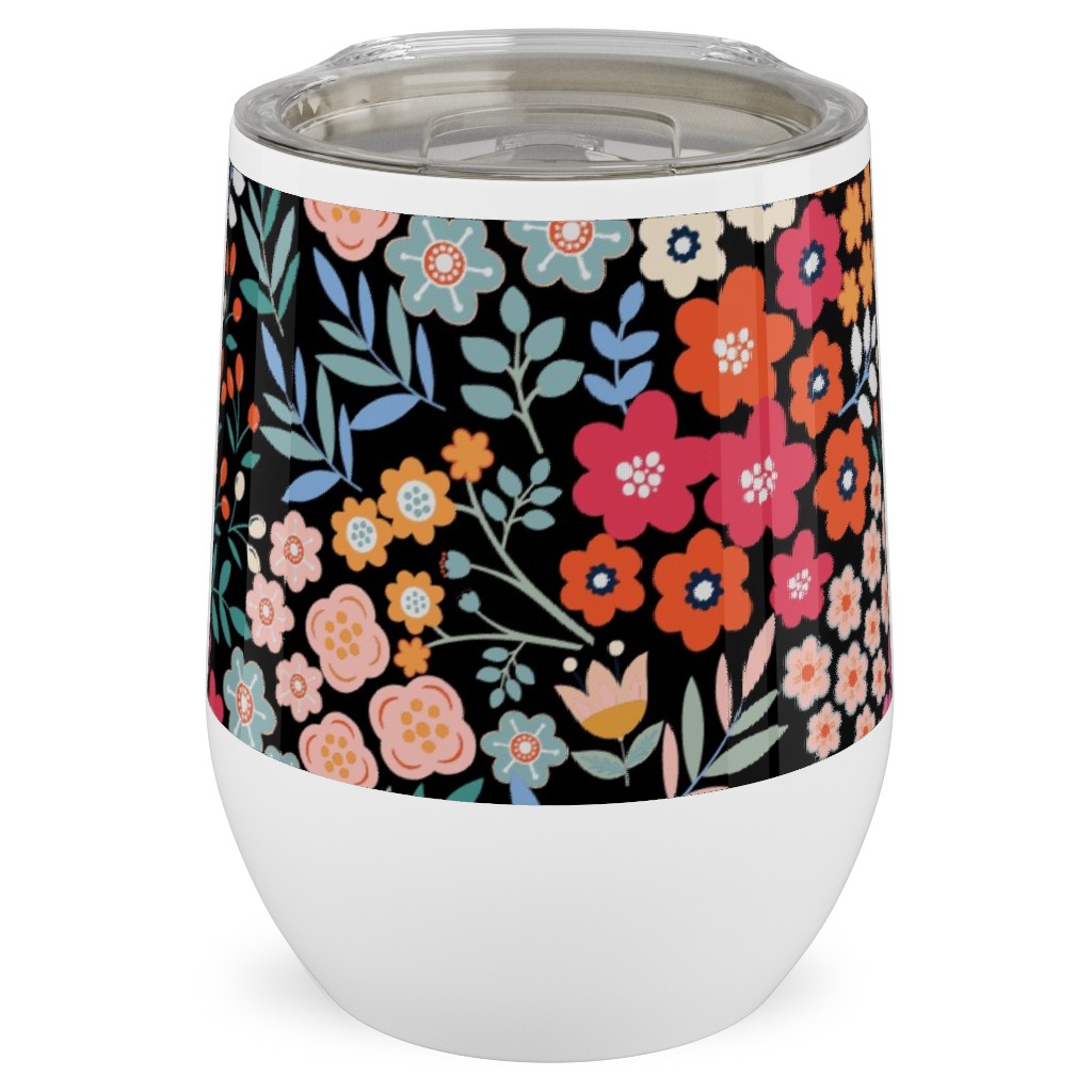 Summer Flower Stainless Steel Travel Tumbler, 12oz, Multicolor, Rich Black