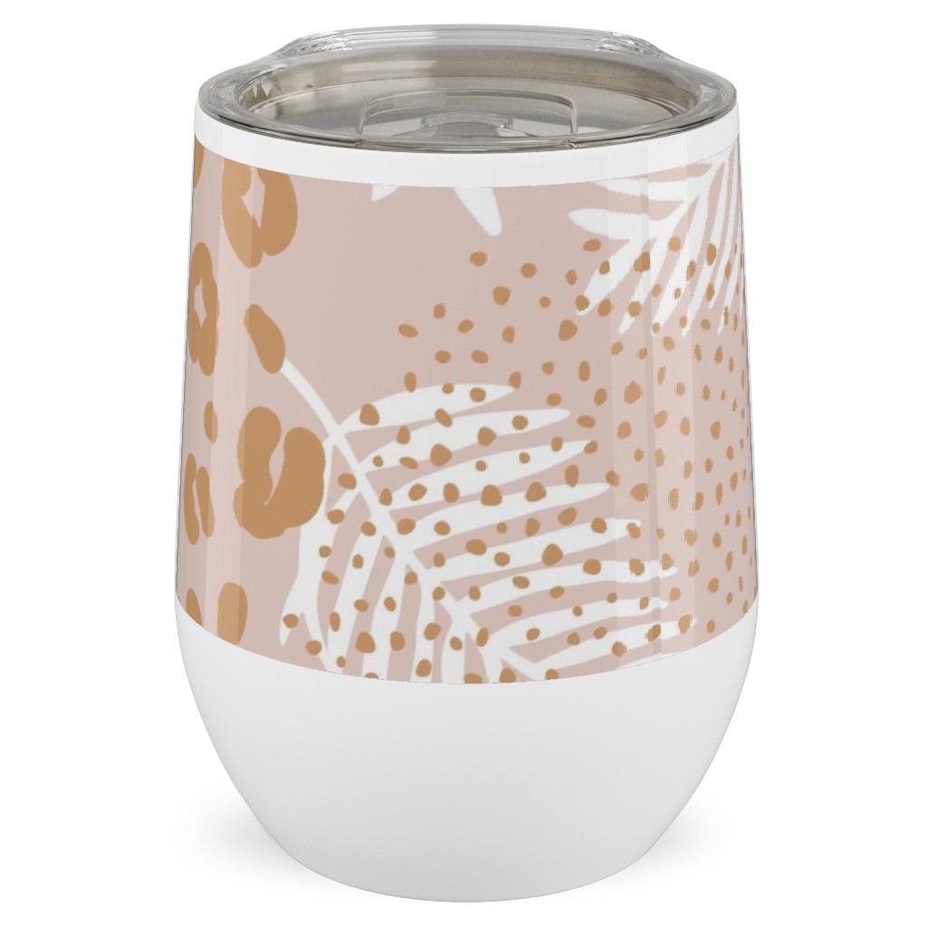 Palm Leaves and Animal Panther Spots - Beige Stainless Steel Travel Tumbler, 12oz, Pink, Bright Pink