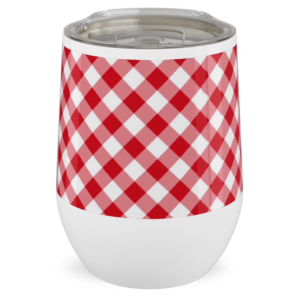 Diagonal Gingham - Red and White Stainless Steel Travel Tumbler, 12oz, Red