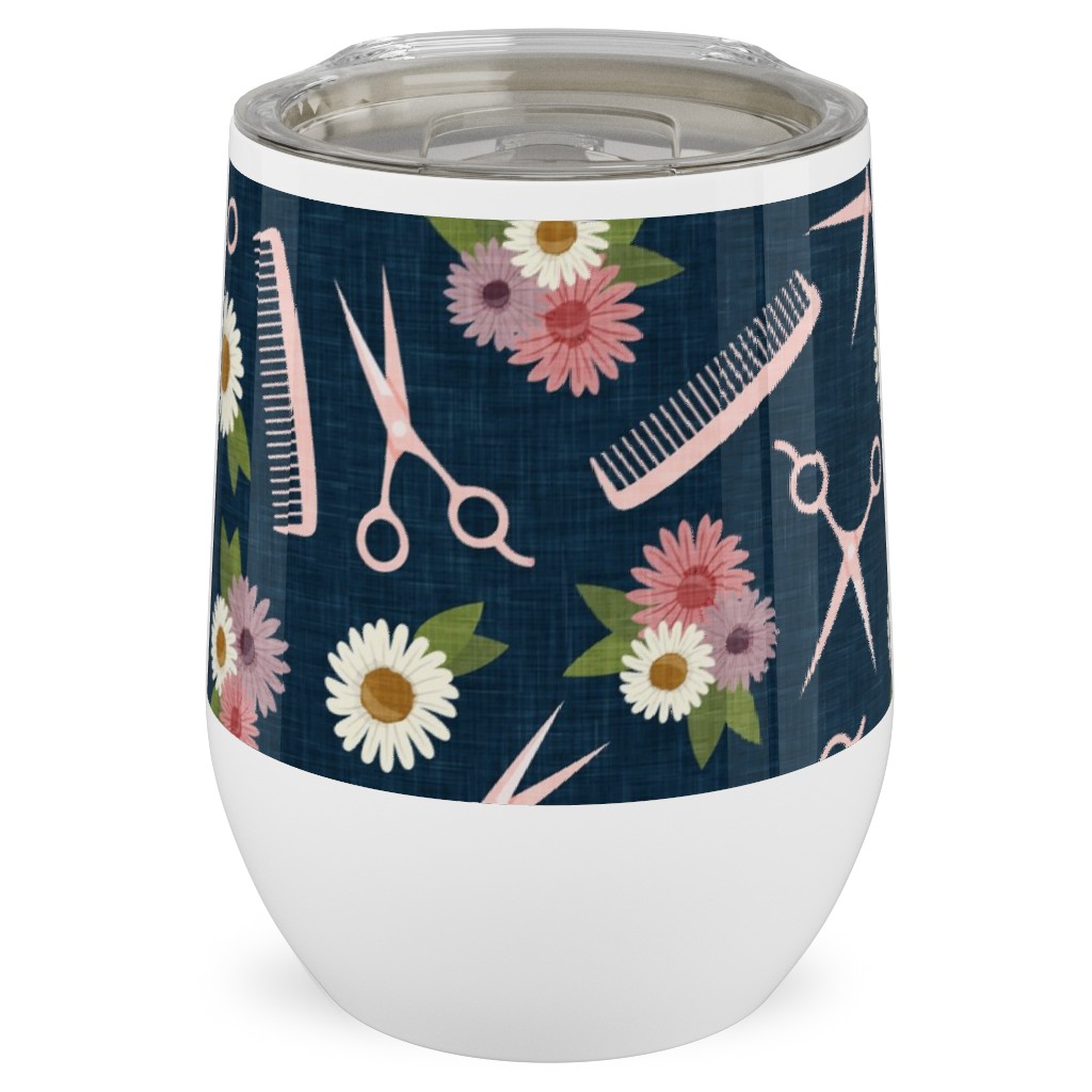 Floral Shears and Combs - Pink & Blue Stainless Steel Travel Tumbler, 12oz, Pink