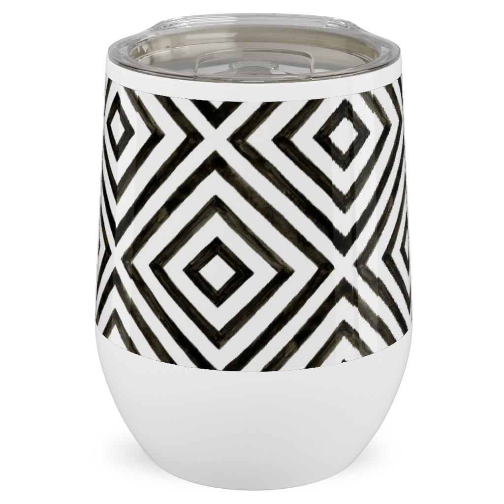 Diamond Pattern - Black and White Stainless Steel Travel Tumbler, 12oz, Black