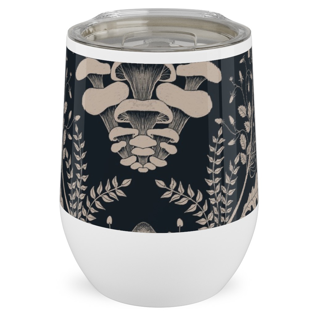 Mushroom Forest Damask - Dark Stainless Steel Travel Tumbler, 12oz, Black, Black