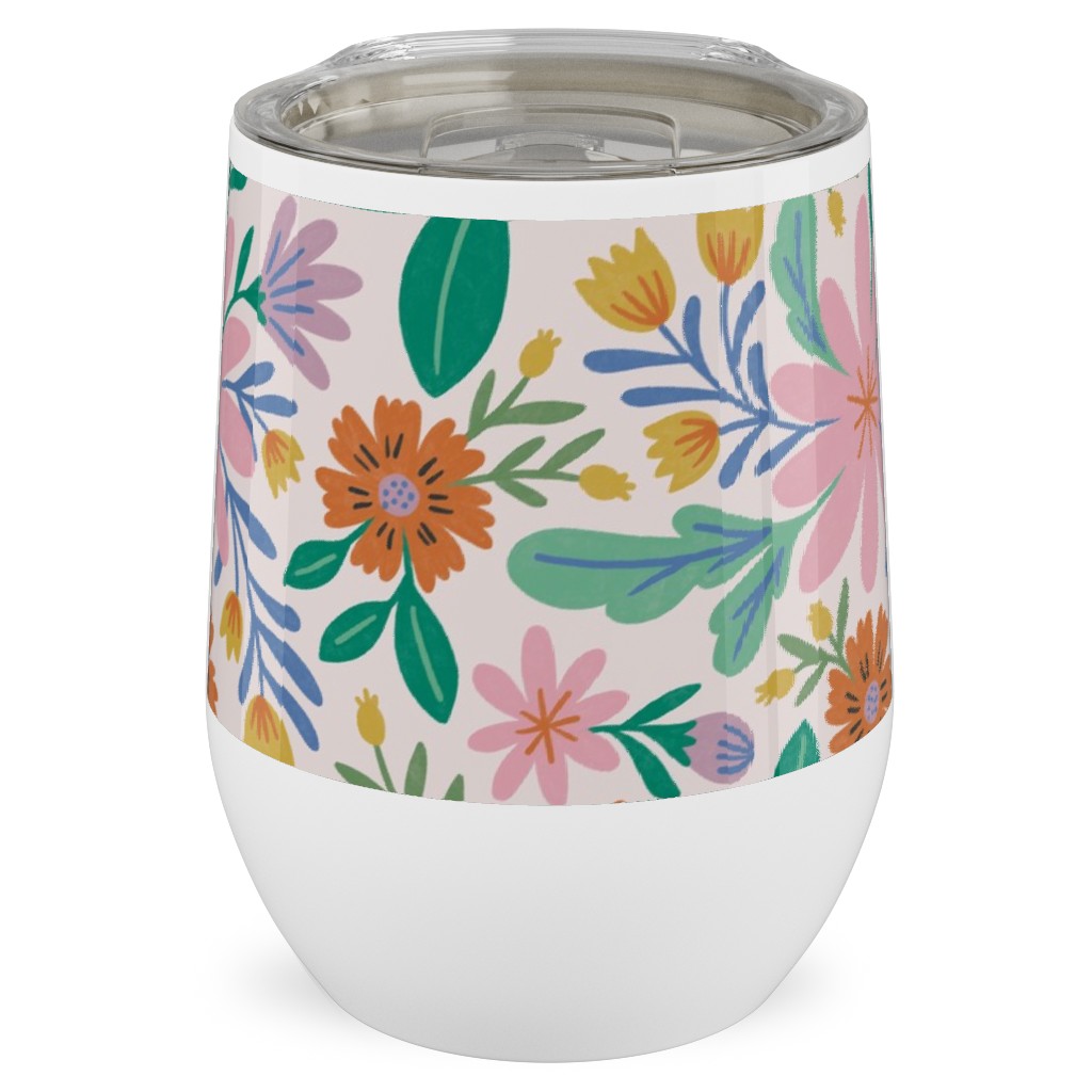 Happy Flowers - Pink Multi Stainless Steel Travel Tumbler, 12oz, Pink
