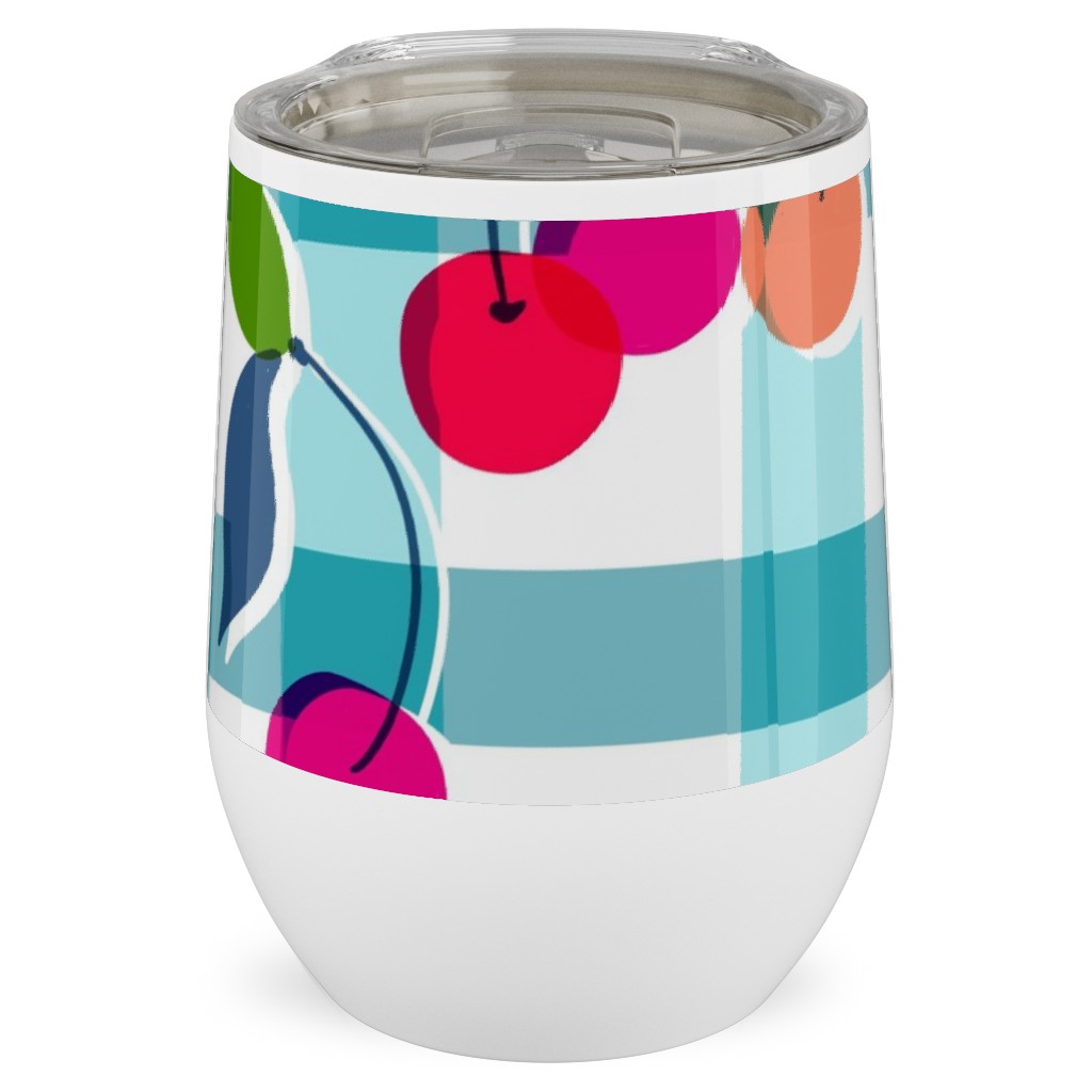 Cherry Gingham - Blue Stainless Steel Travel Tumbler, 12oz, Blue