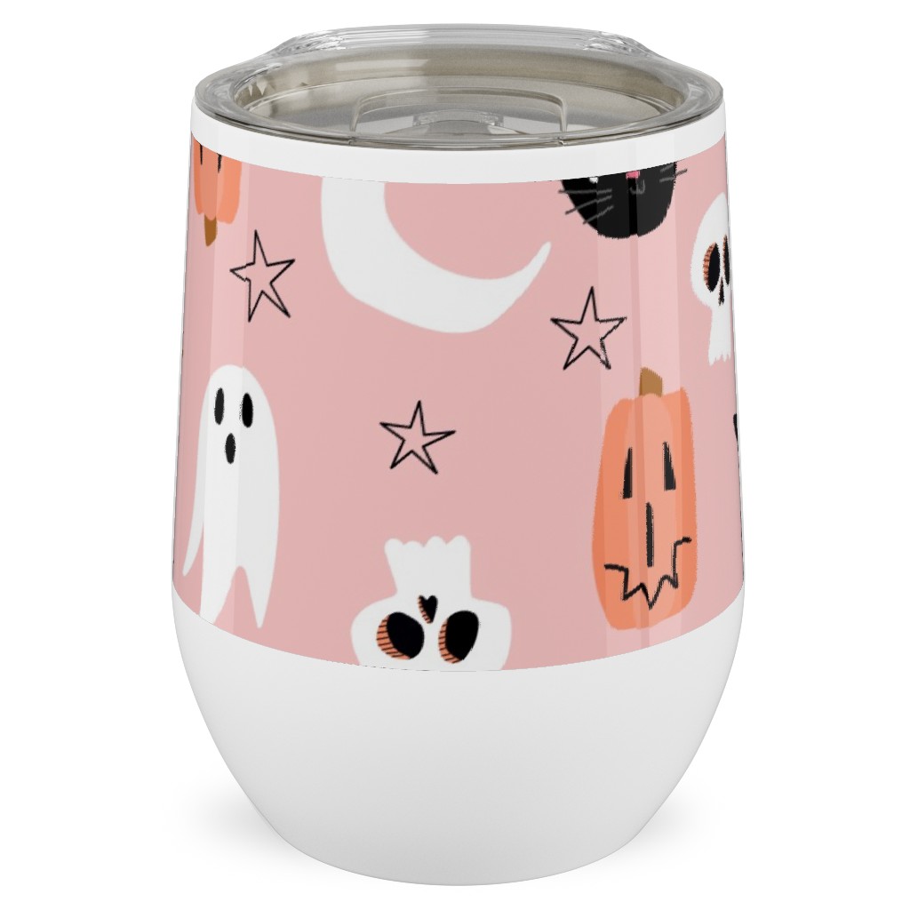 Sweet Halloween Pumpkin, Witch, Ghost, Cat Stainless Steel Travel Tumbler, 12oz, Pink