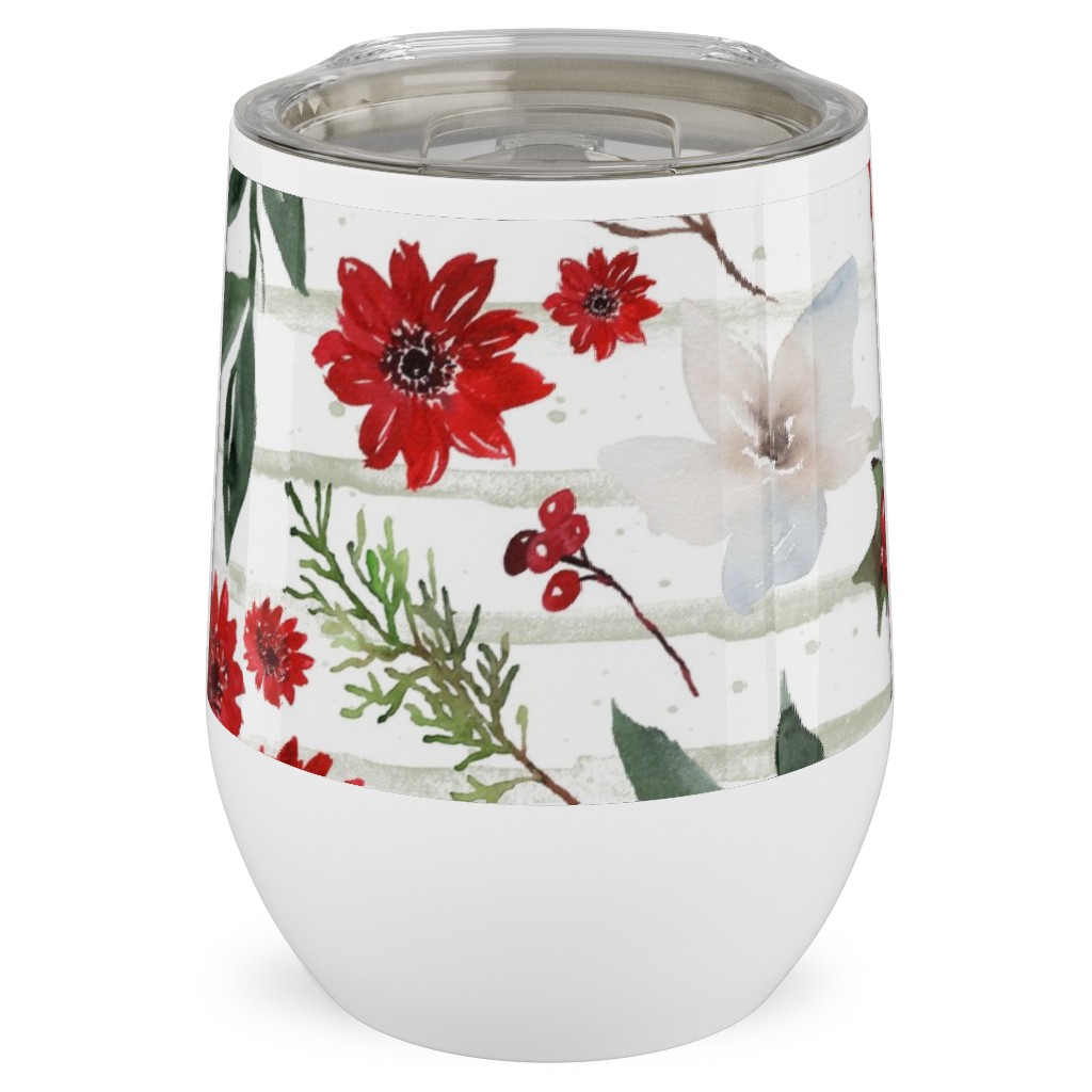 Jolly Christmas Florals - Mint Sage Stripes Stainless Steel Travel Tumbler, 12oz, Multicolor
