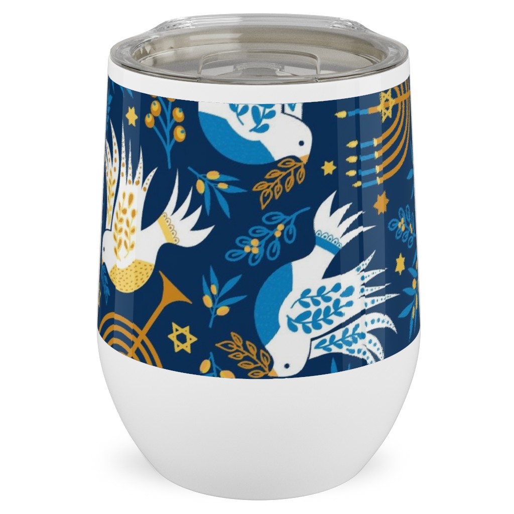 Hanukkah Birds and Menorahs - Dark Blue Stainless Steel Travel Tumbler, 12oz, Blue