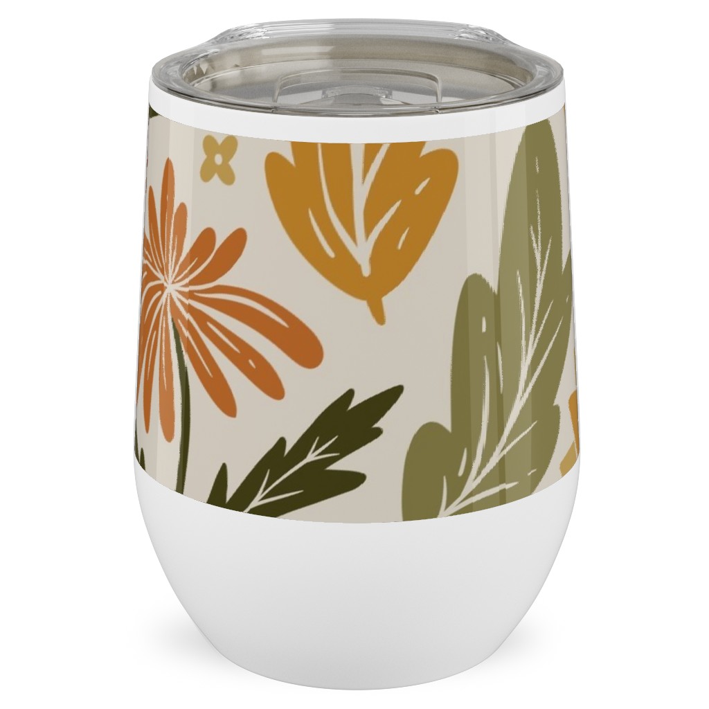 Autumn Botanicals - Leaves, Acorns, Sunflowers, Ferns, Mums, Pinecones, Mushrooms - Light Stainless Steel Travel Tumbler, 12oz, Multicolor