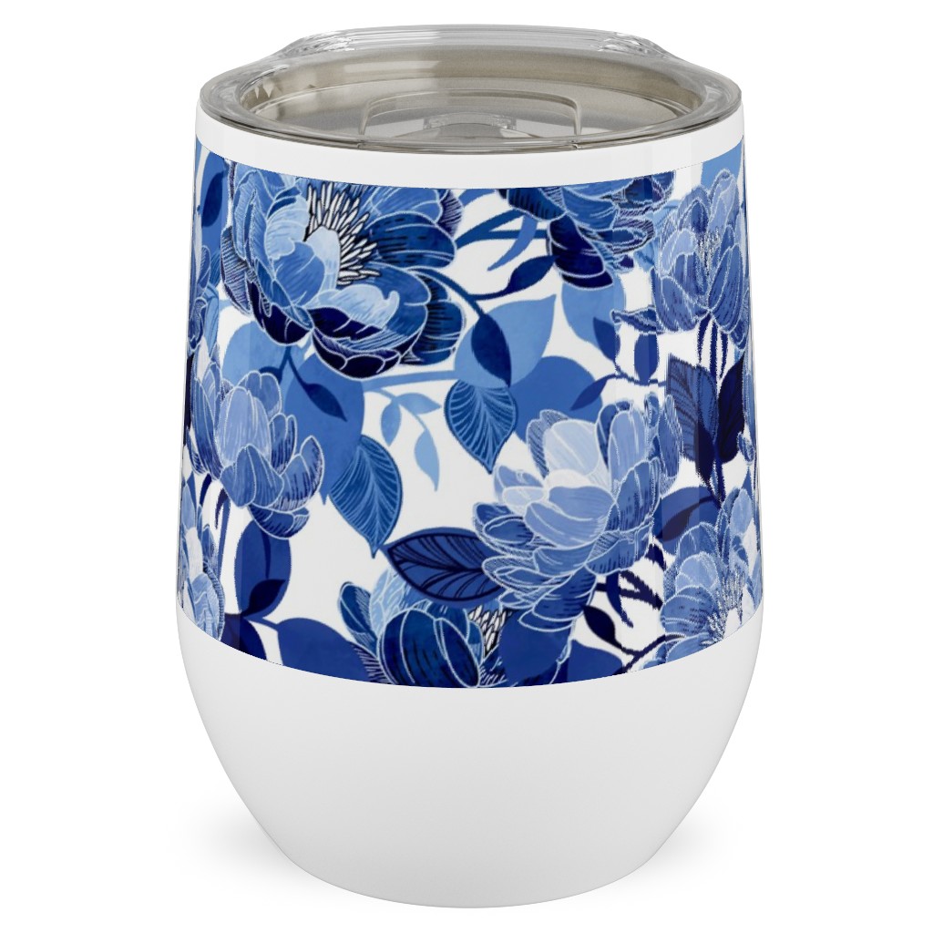 Chintz Peonies - Blue Stainless Steel Travel Tumbler, 12oz, Blue, True Blue