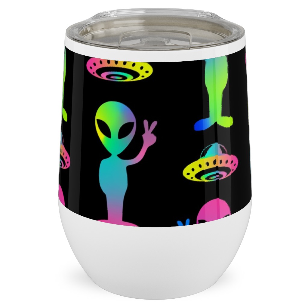 90's Rainbow Aliens and Ufos - Multi on Black Stainless Steel Travel Tumbler, 12oz, Black