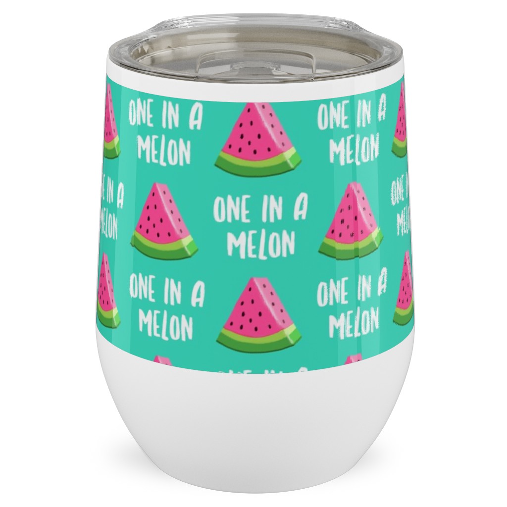 One in a Melon - Watermelon - Pink on Teal Stainless Steel Travel Tumbler, 12oz, Green