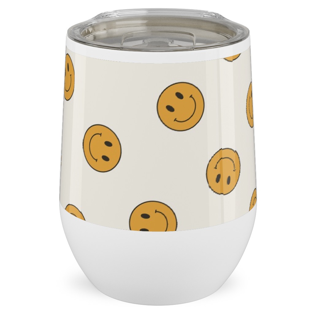 Retro Smiley Face - Cream and Yellow Stainless Steel Travel Tumbler, 12oz, Yellow, Classic Yellow