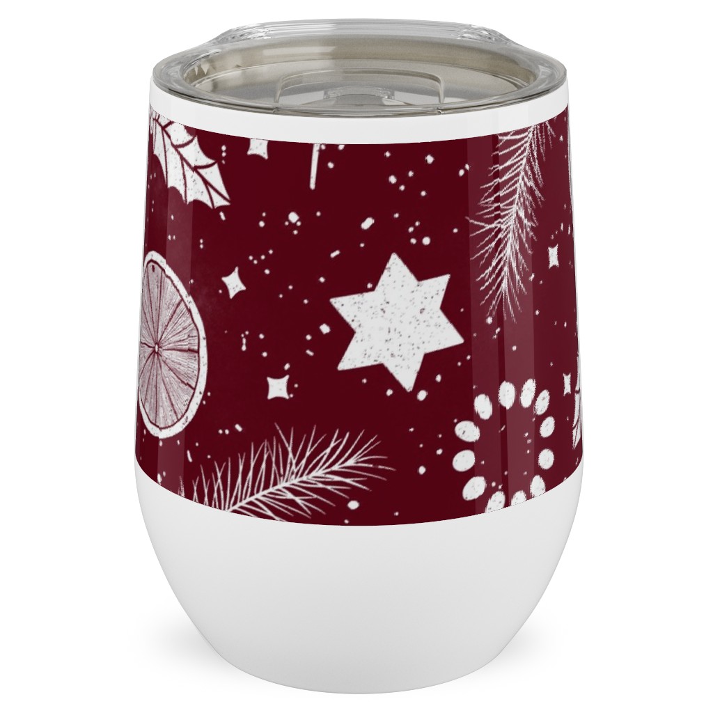 Festive Christmas Print Stars, Mistletoe, Orange, Holly and Pine Branch on Burgundy Stainless Steel Travel Tumbler, 12oz, Red