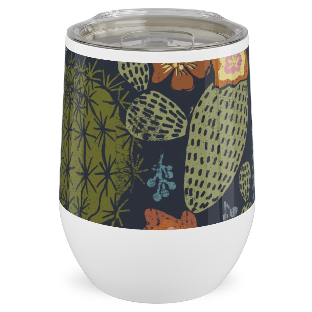 Cactus Garden - Block Print Style - Dark Stainless Steel Travel Tumbler, 12oz, Green, Classic Green