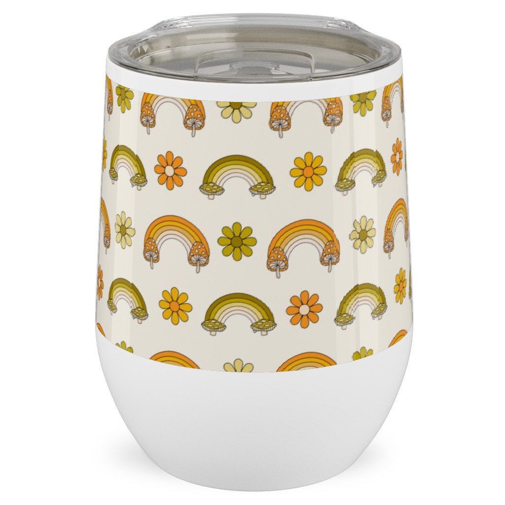 70s Mushroom Rainbow - Retro - Earthy Stainless Steel Travel Tumbler, 12oz, Green