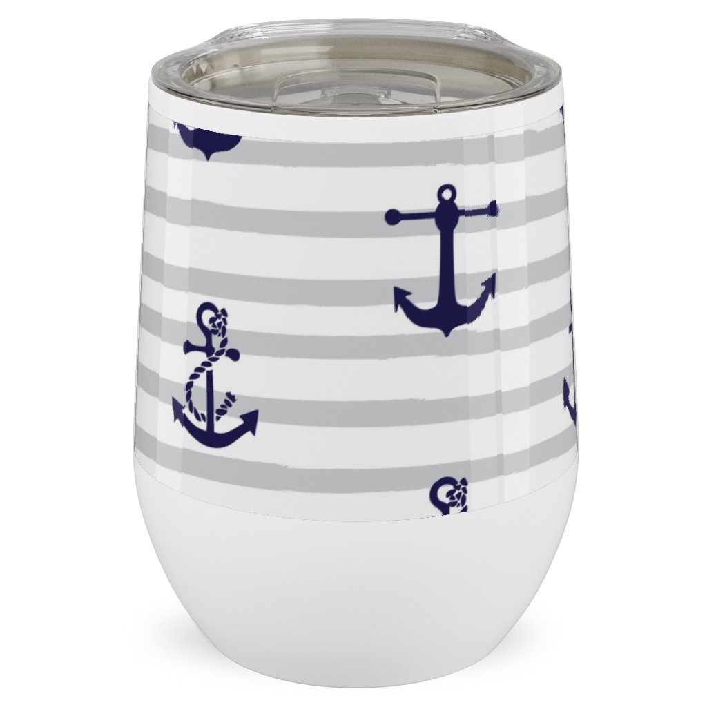 Anchors Away - Black on Gray Stripes Stainless Steel Travel Tumbler, 12oz, Gray