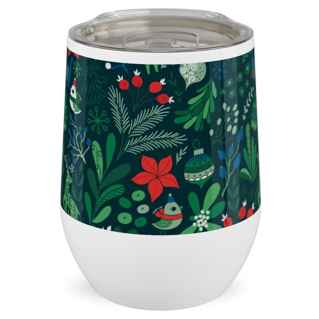 Merry Christmas Floral - Dark Stainless Steel Travel Tumbler, 12oz, Green, Classic Green