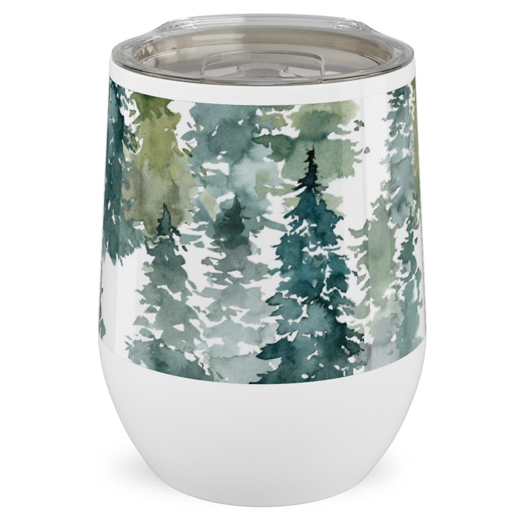 Woodland Trees Watercolor - White Stainless Steel Travel Tumbler, 12oz, Green, Classic Green