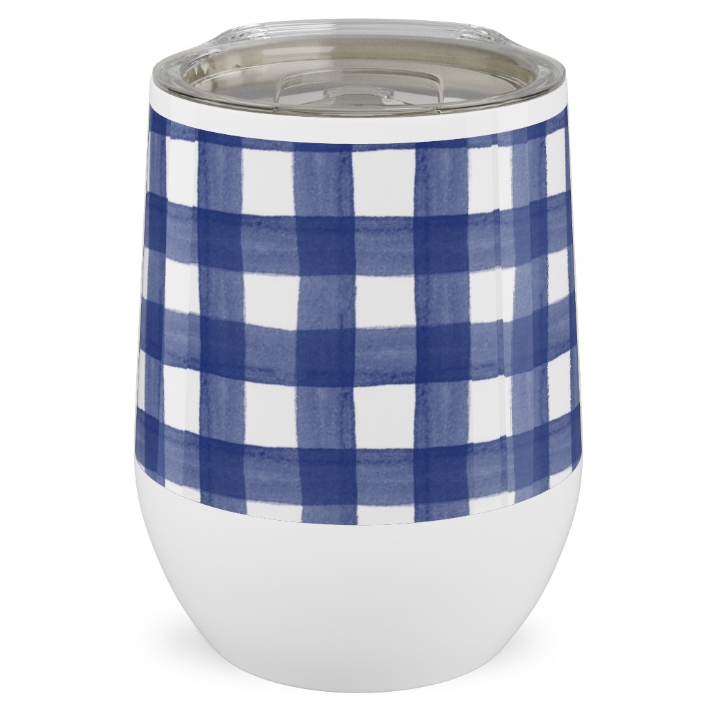 Watercolor Gingham - Navy Blue Stainless Steel Travel Tumbler, 12oz, Blue