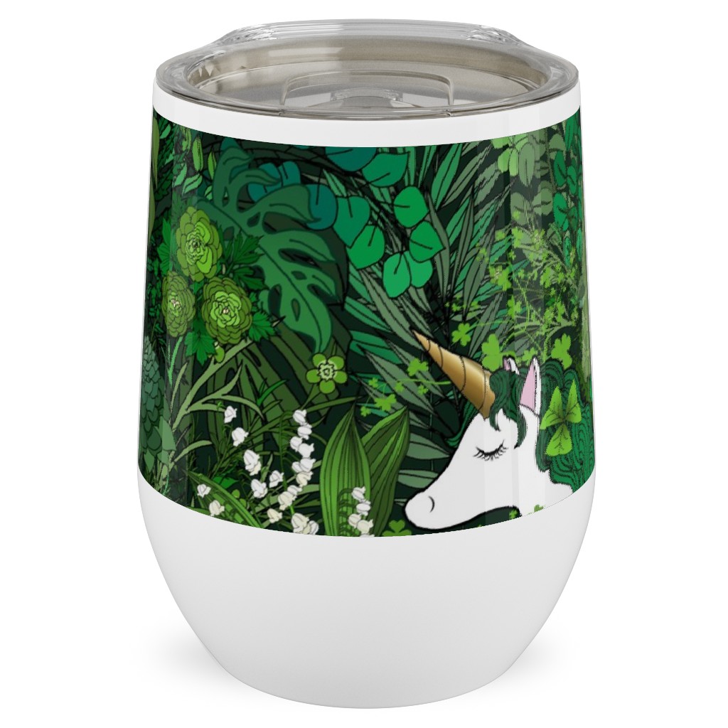 Irish Unicorn in a Green Garden Stainless Steel Travel Tumbler, 12oz, Green