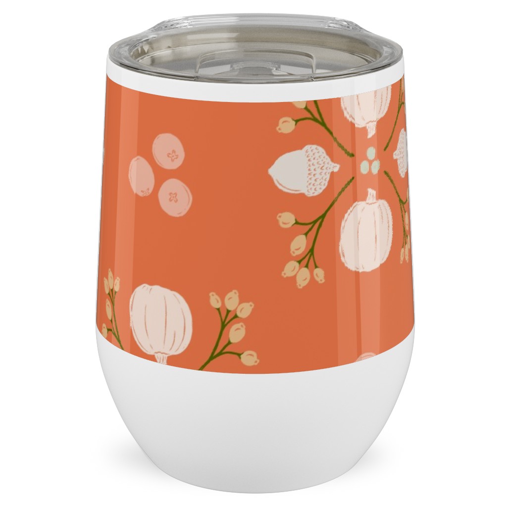 Bright Orange Acorn, Cranberry, & Pumpkin Fall Foliage Damask Stainless Steel Travel Tumbler, 12oz, Orange