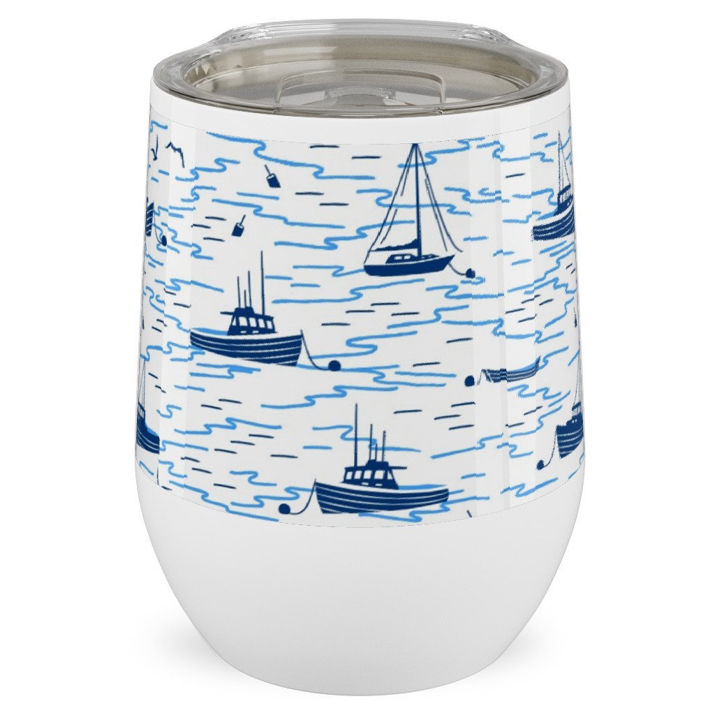 Harbor Boats - White Stainless Steel Travel Tumbler, 12oz, Blue