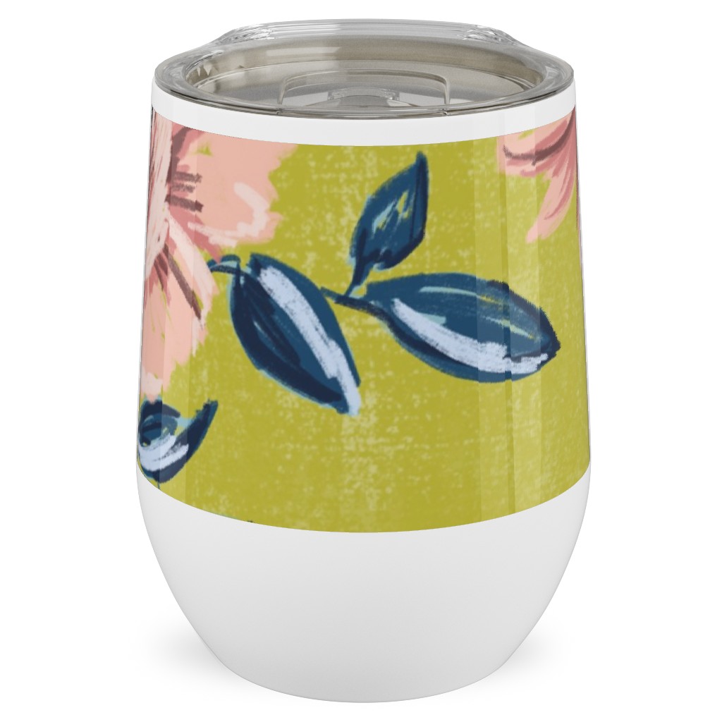 Pink Peonies Stainless Steel Travel Tumbler, 12oz, Green