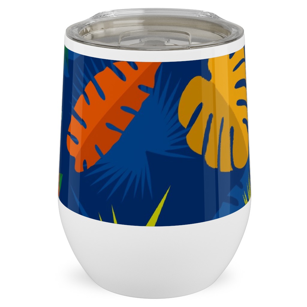 Tropical Leaves - Multi on Blue Stainless Steel Travel Tumbler, 12oz, Multicolor