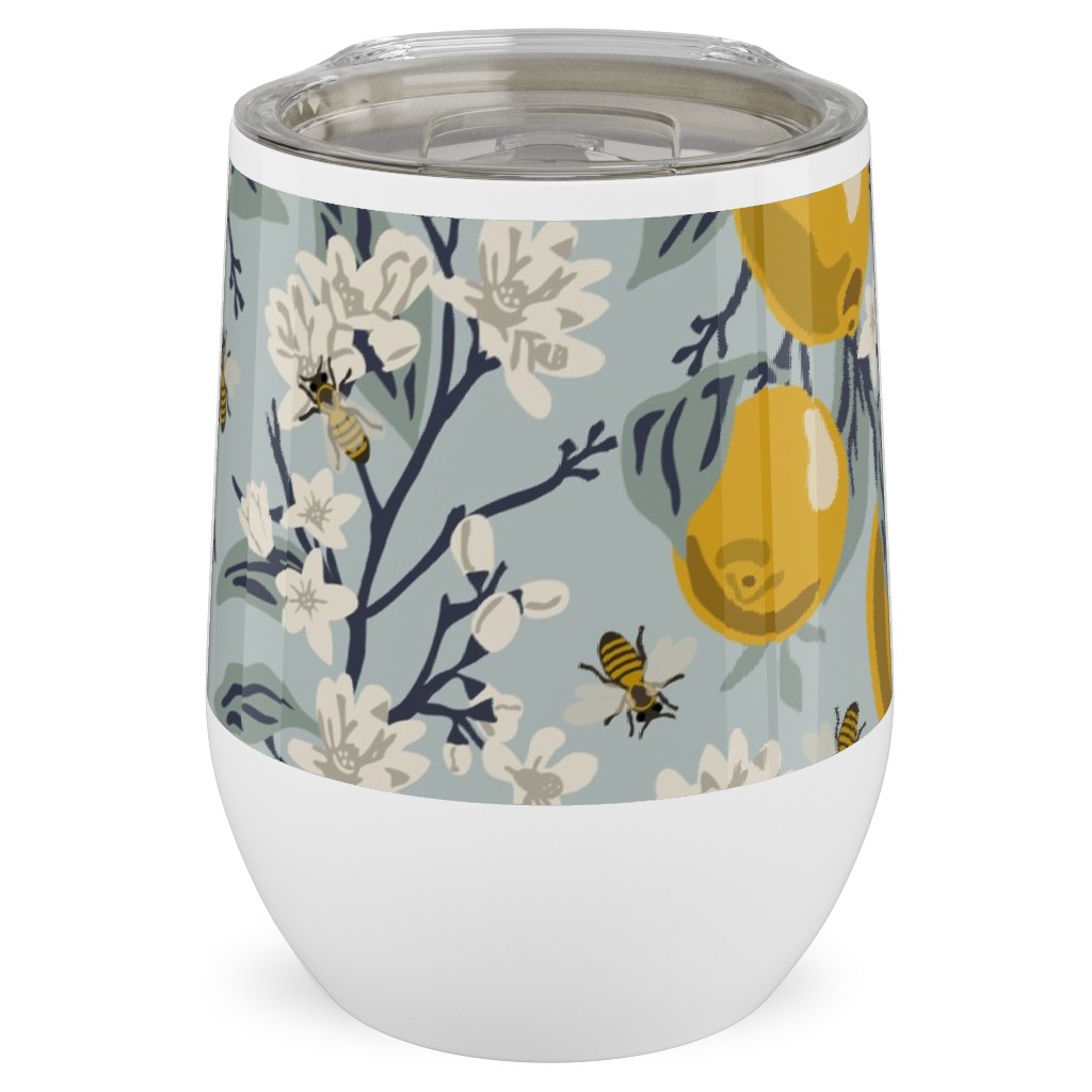Bees, Blossoms & Lemons - Blue Stainless Steel Travel Tumbler, 12oz, Blue, True Blue