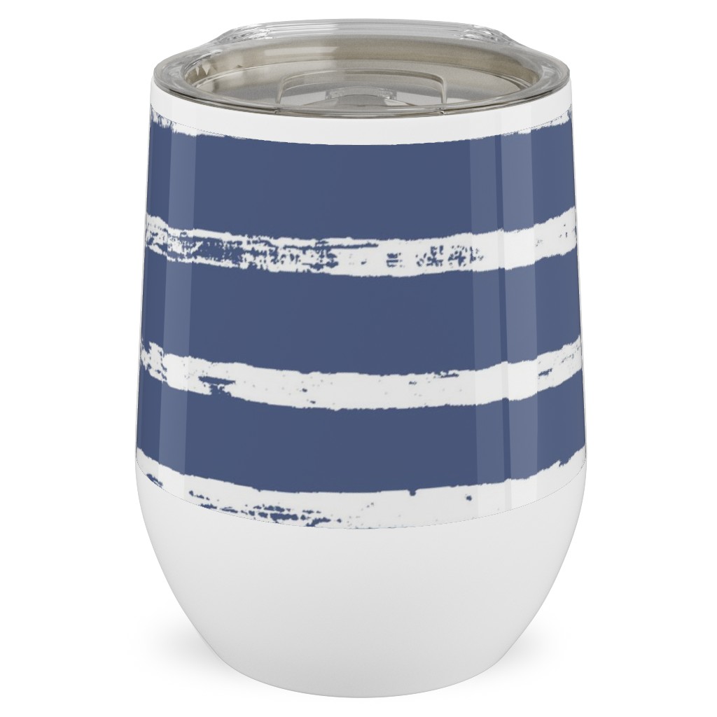 Distressed Dusty Blue and White Stripes Stainless Steel Travel Tumbler, 12oz, Blue