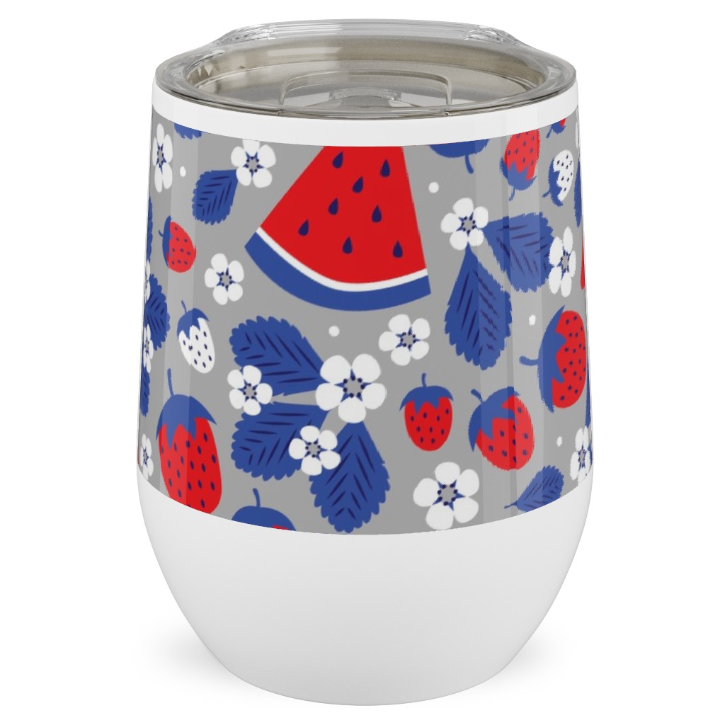 Summer Strawberries and Melons - Red, White and Blue Stainless Steel Travel Tumbler, 12oz, Multicolor