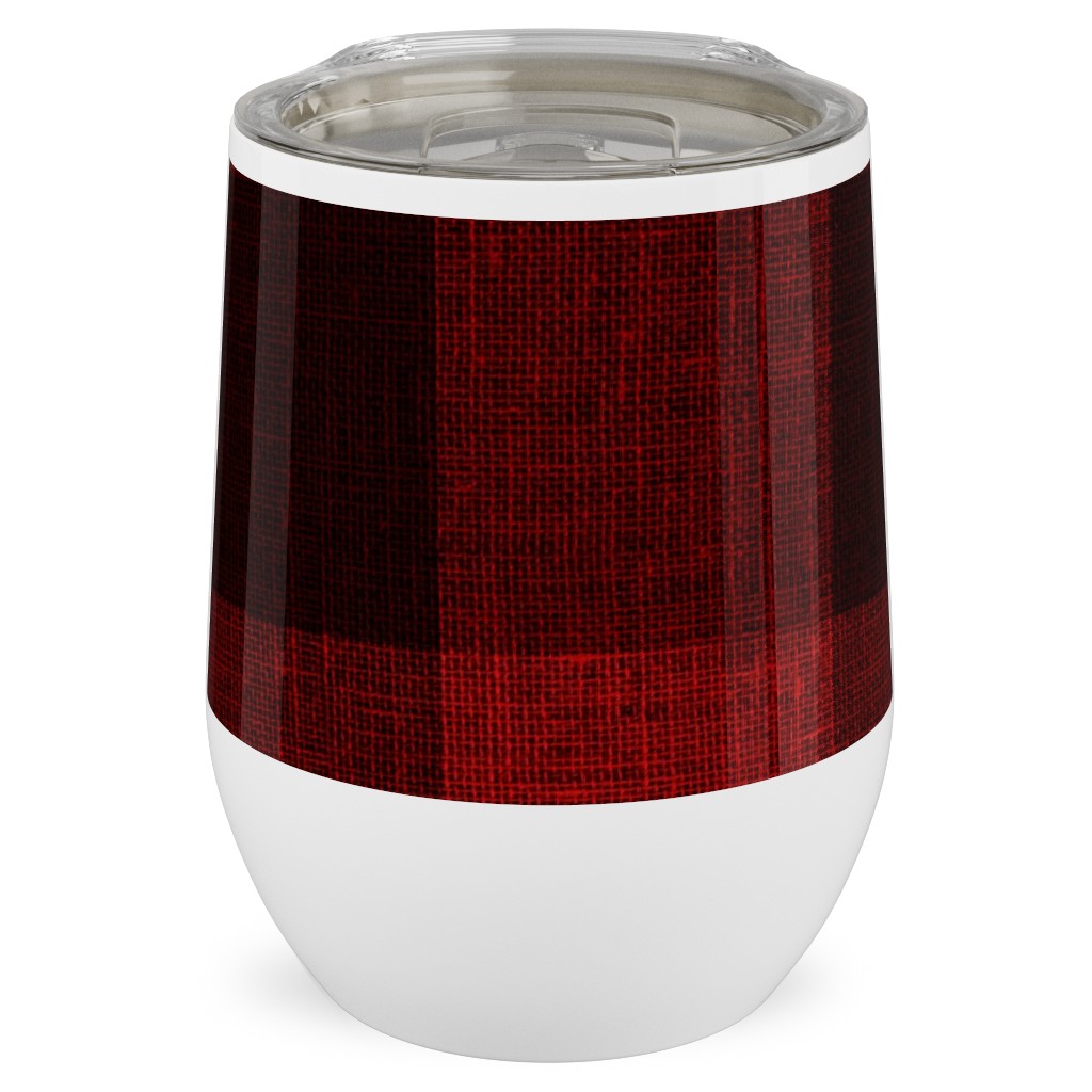 Linen Look Gingham Lumberjack - Red, Black Stainless Steel Travel Tumbler, 12oz, Red
