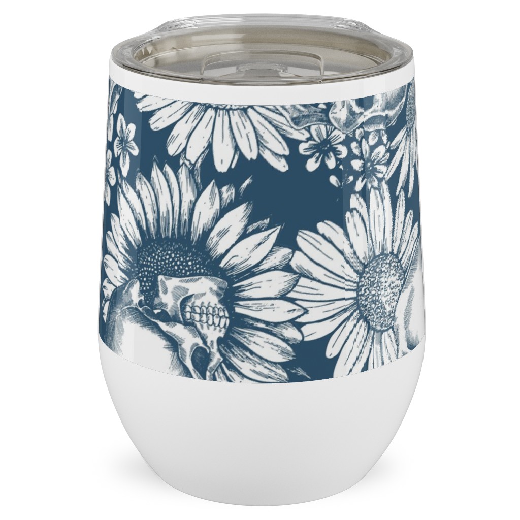 Floral Skull - Blue Stainless Steel Travel Tumbler, 12oz, Blue