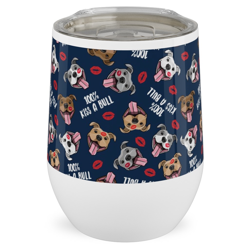 100% Kiss a Bull - Cute Pit Bull Dog - Red and Blue Stainless Steel Travel Tumbler, 12oz, Blue