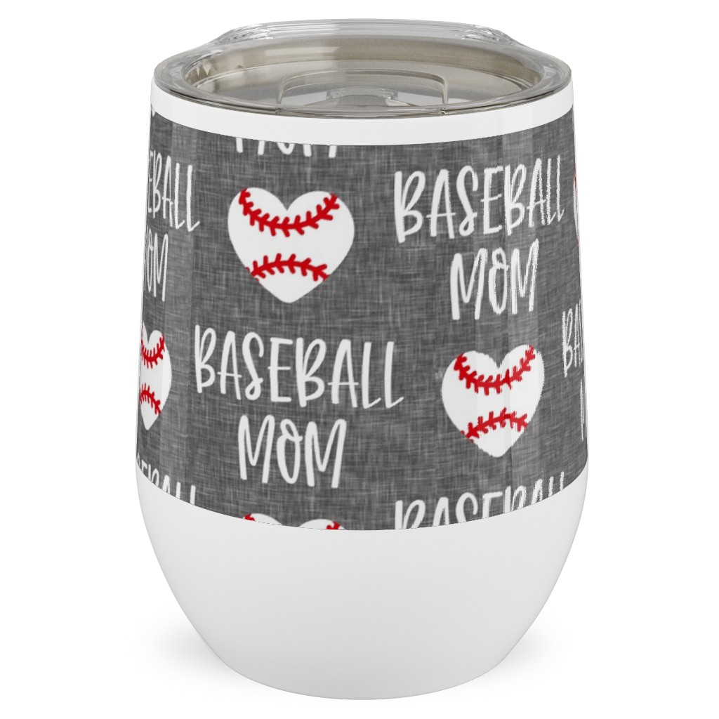 Baseball Mom - Baseball Heart - White on Grey Stainless Steel Travel Tumbler, 12oz, Gray