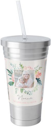 Cherish Floral Frame Stainless Tumbler with Straw, 18oz, Beige