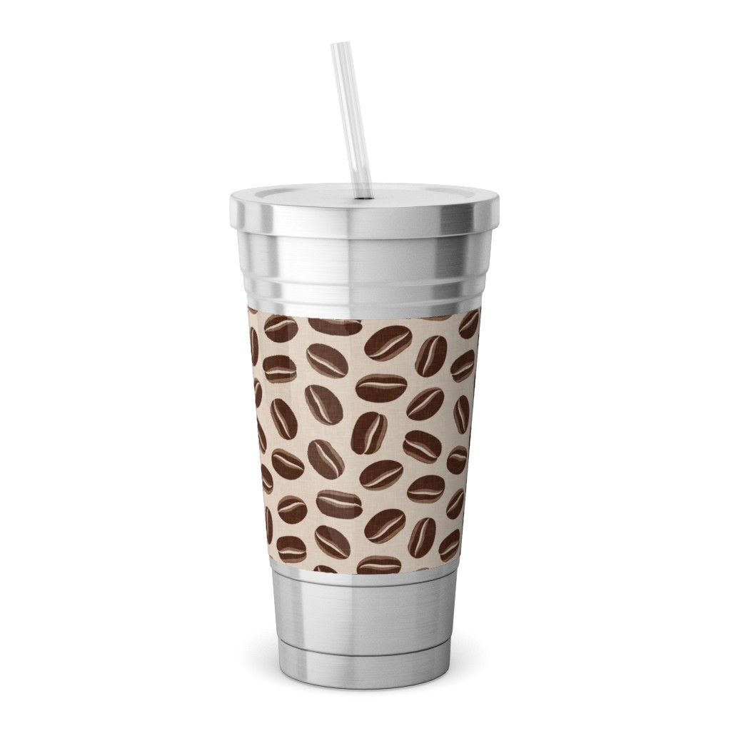 Coffee Beans - Coffee House - Beige Stainless Tumbler with Straw, 18oz, Brown