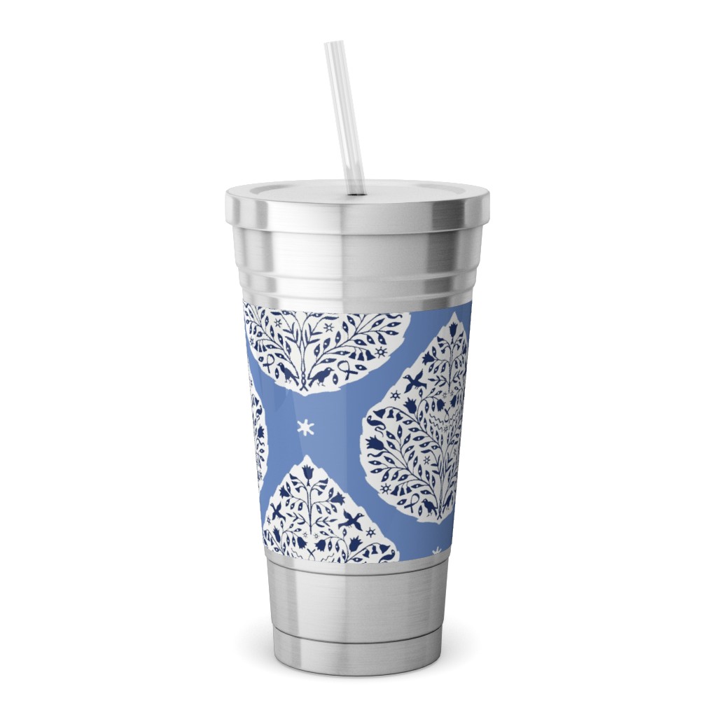 Conway Paisley - Cobalt and Navy Stainless Tumbler with Straw, 18oz, Blue