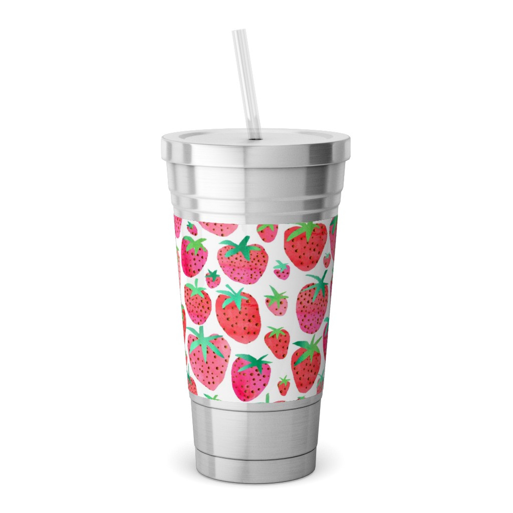 Strawberries - Pink Stainless Tumbler with Straw, 18oz, Pink
