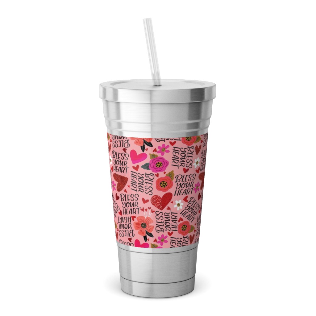 Pretty Bless Your Heart - Floral - Pink and Red Stainless Tumbler with Straw, 18oz, Pink