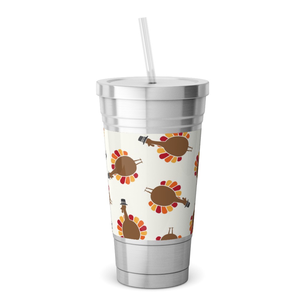 Turkey Toss - Cream Stainless Tumbler with Straw, 18oz, Brown