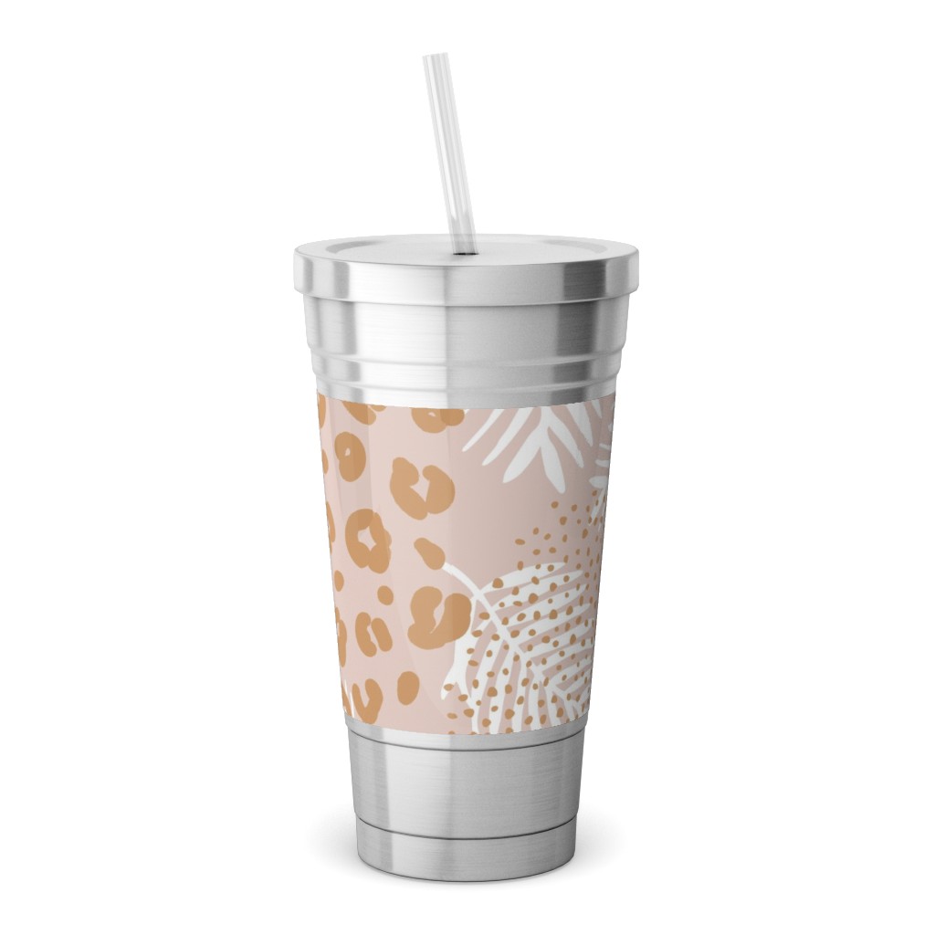 Palm Leaves and Animal Panther Spots - Beige Stainless Tumbler with Straw, 18oz, Pink