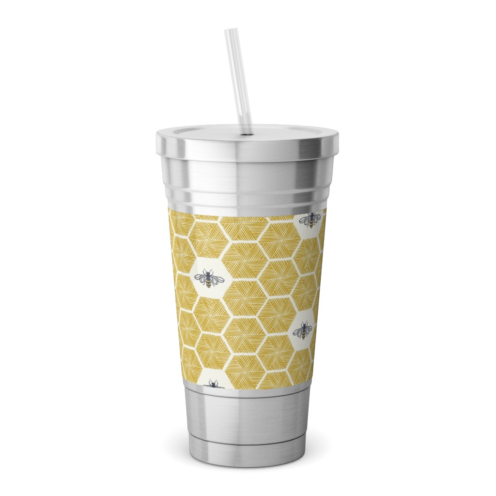 Bees Stitched Honeycomb - Gold Stainless Tumbler with Straw, 18oz, Yellow