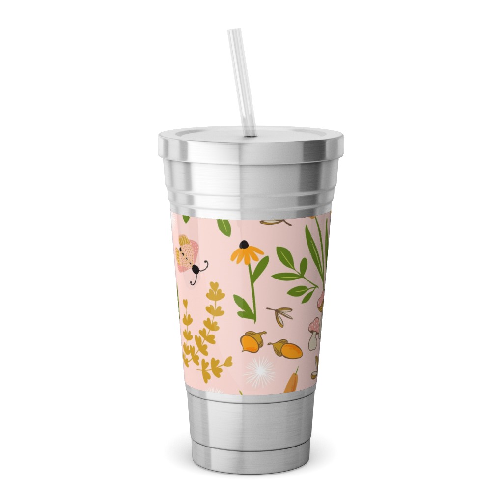 Autumn Meadow Stainless Tumbler with Straw, 18oz, Pink